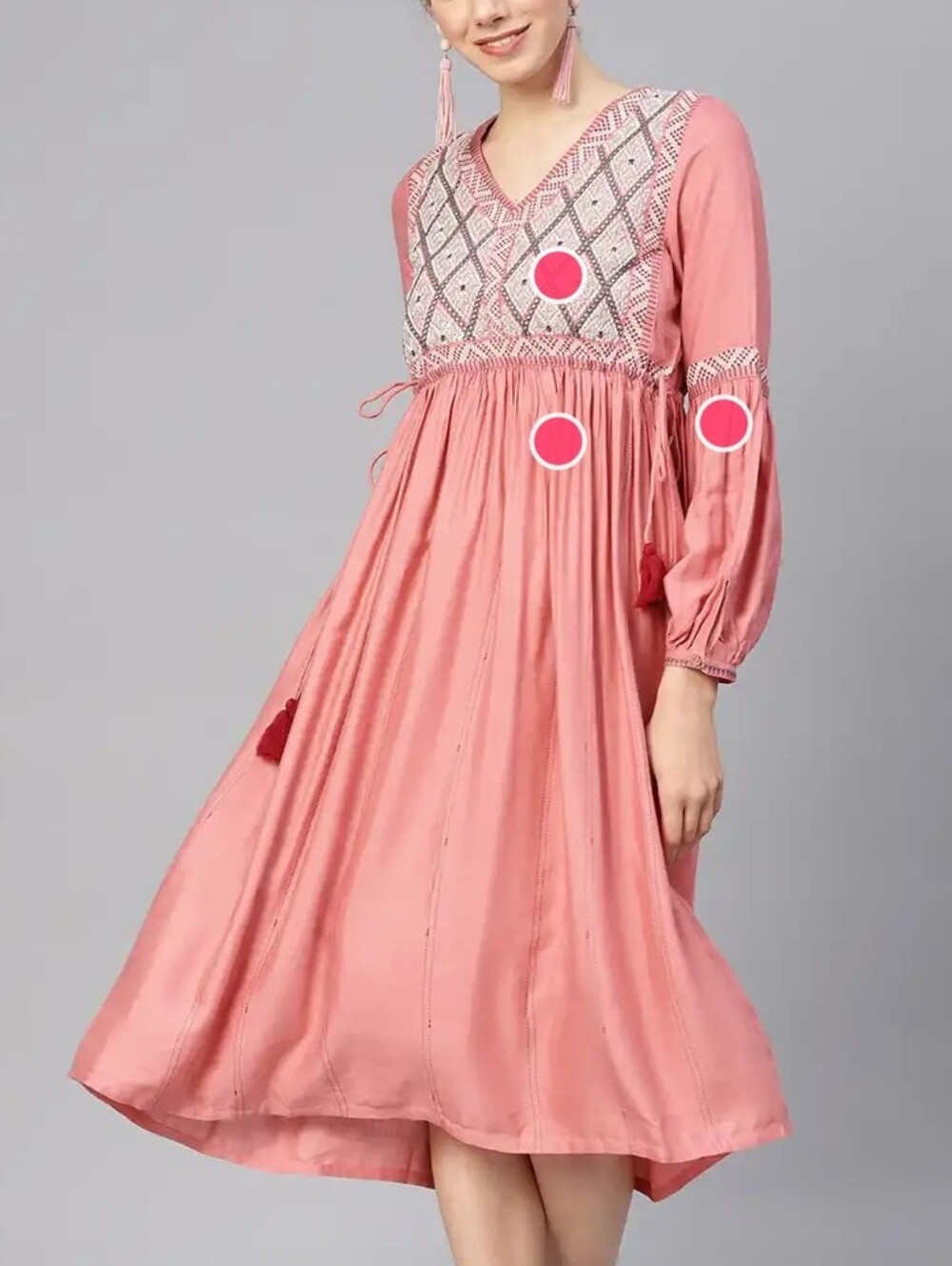 W For Woman Coral Empire Embroidered V-Neck Boho Smocked Waist Midi Dress XS